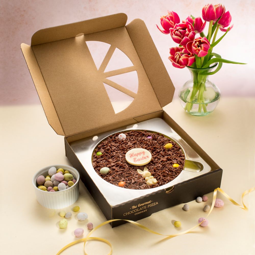 Seven Inch Easter Gourmet Chocolate Pizza, presented in a pizza box